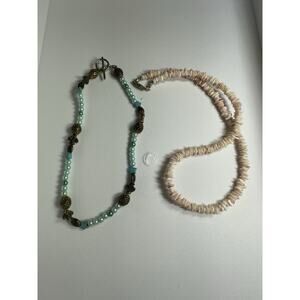 Vintage Children’s Pink Shell Necklace 15” & Blue Beaded Bee Charm Necklace 11”
